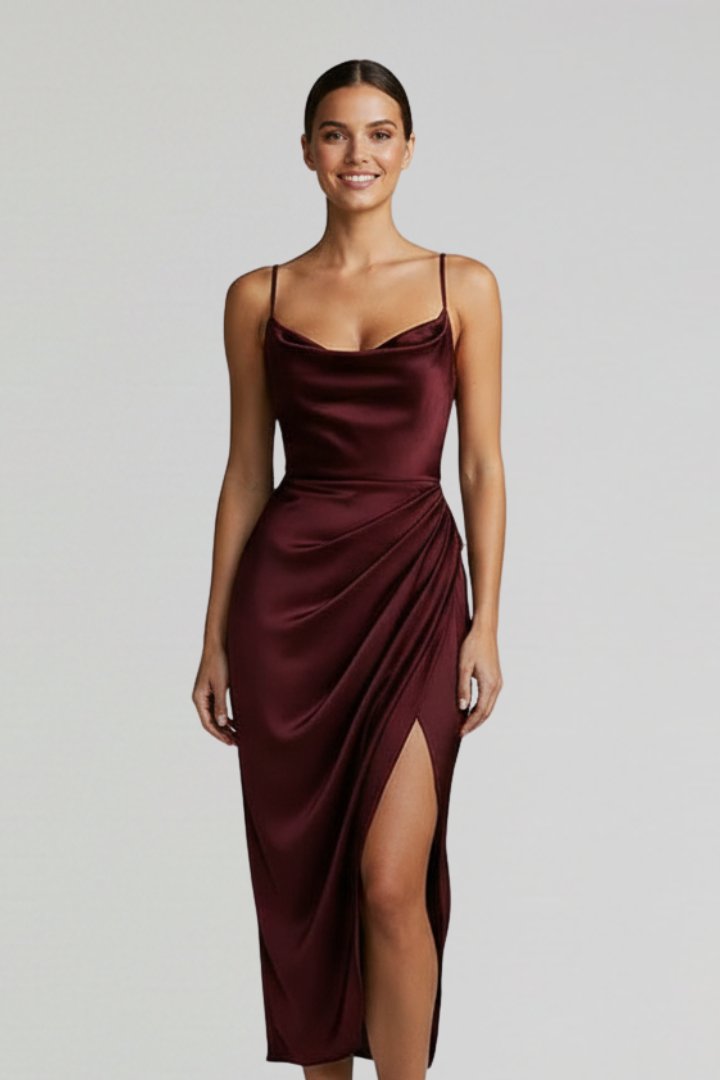 Women's Cocktail Satin Bodycon Midi Party Dress - Burgundy
