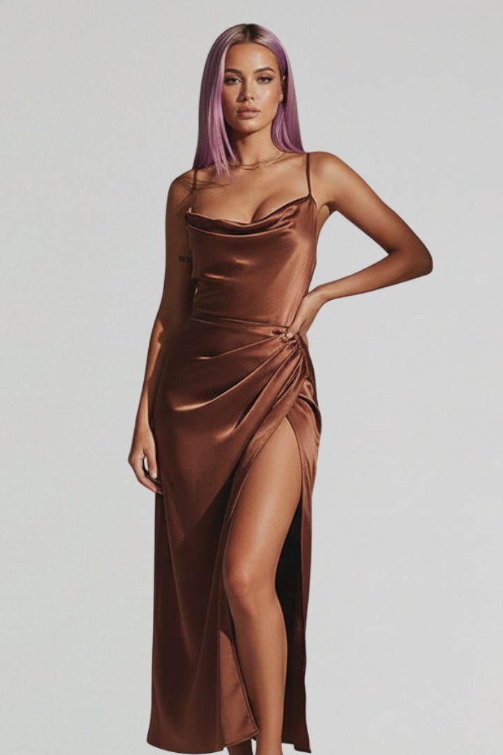 Women's Cocktail Satin Bodycon Midi Party Dress - Brown
