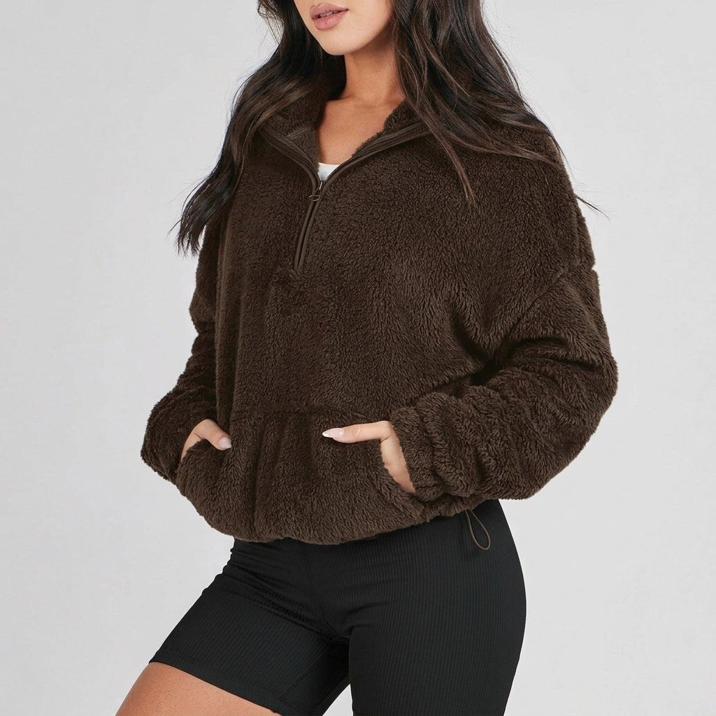 Women's Sherpa Fleece Half-Zip Jumper - Brown