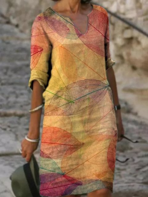 Women's V-Neck Long Sleeve Midi Shift Dress - Yellow