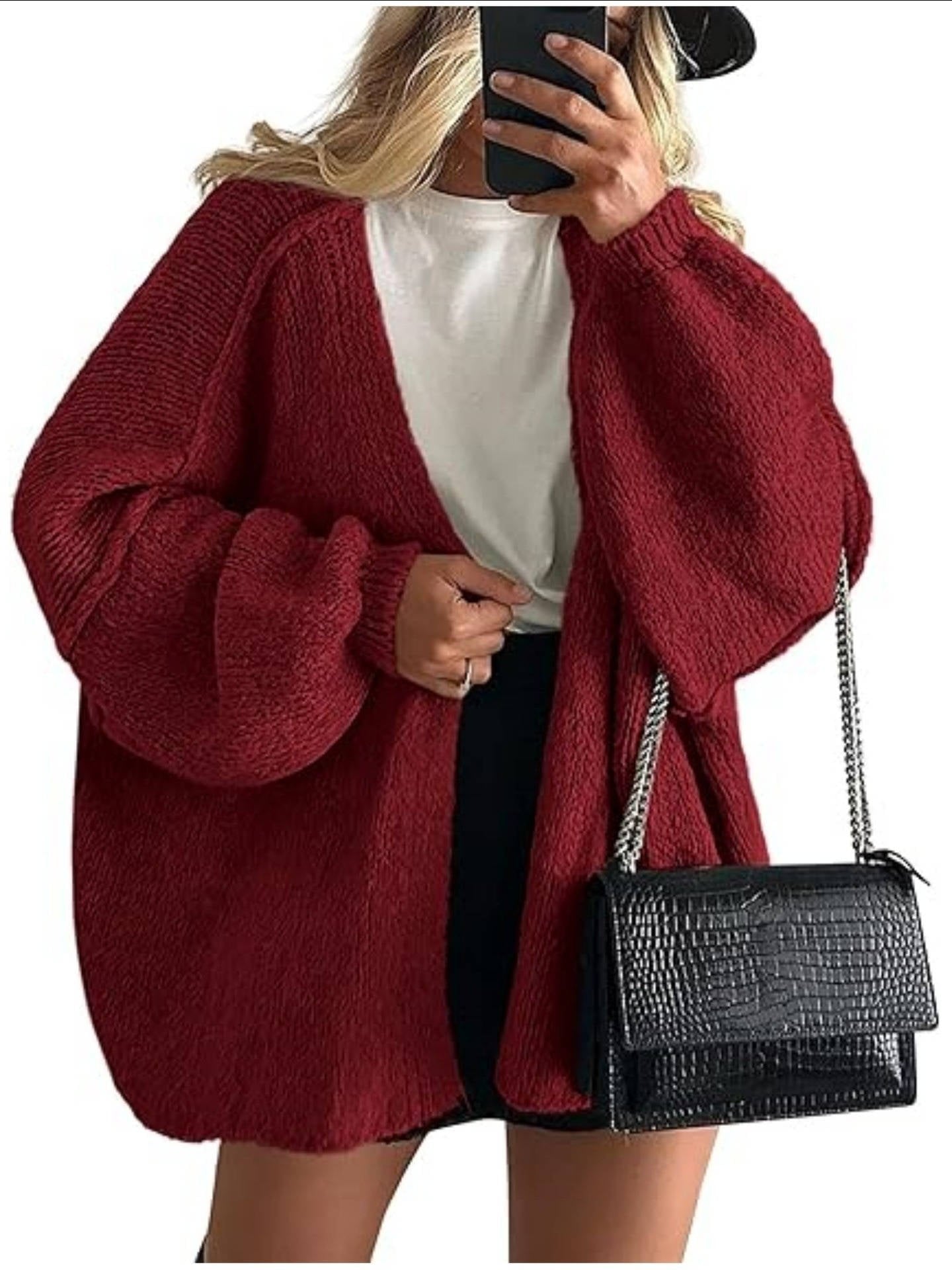 Women's Chunky Oversized Knit Ribbed Longline Cardigan - Dark Red