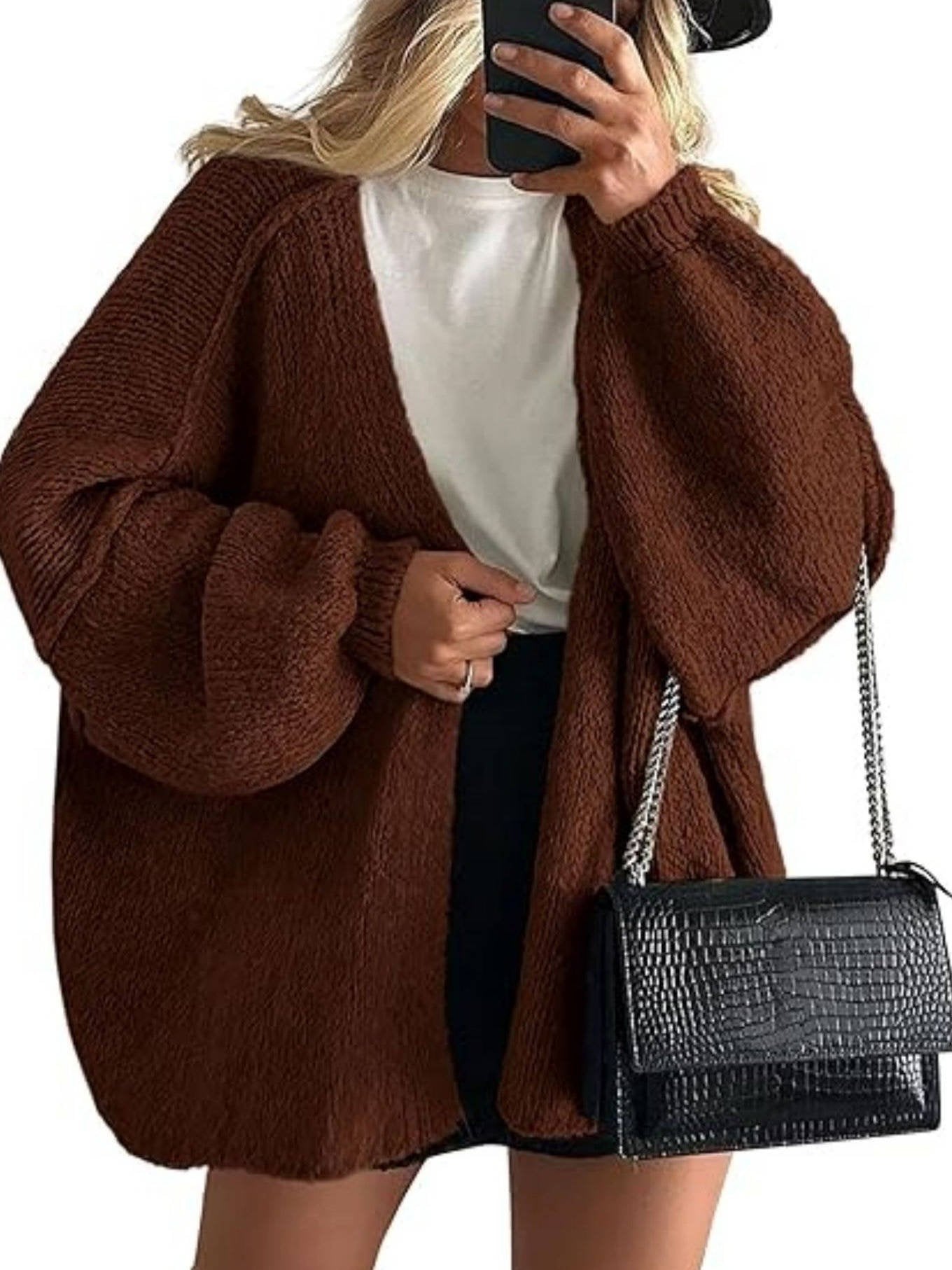 Women's Chunky Oversized Knit Ribbed Longline Cardigan - Dark Brown