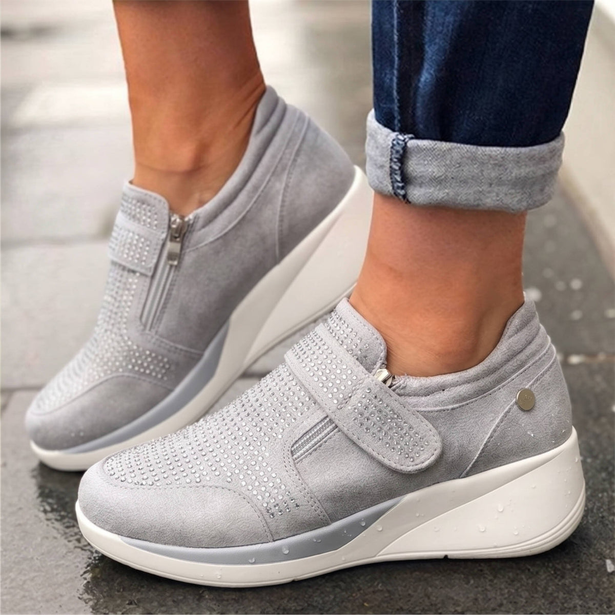 Women's Suede Wedge Trainers - Grey