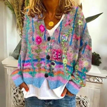 Women's Chunky Floral Wool V-Neck Cardigan - Purple Flowers