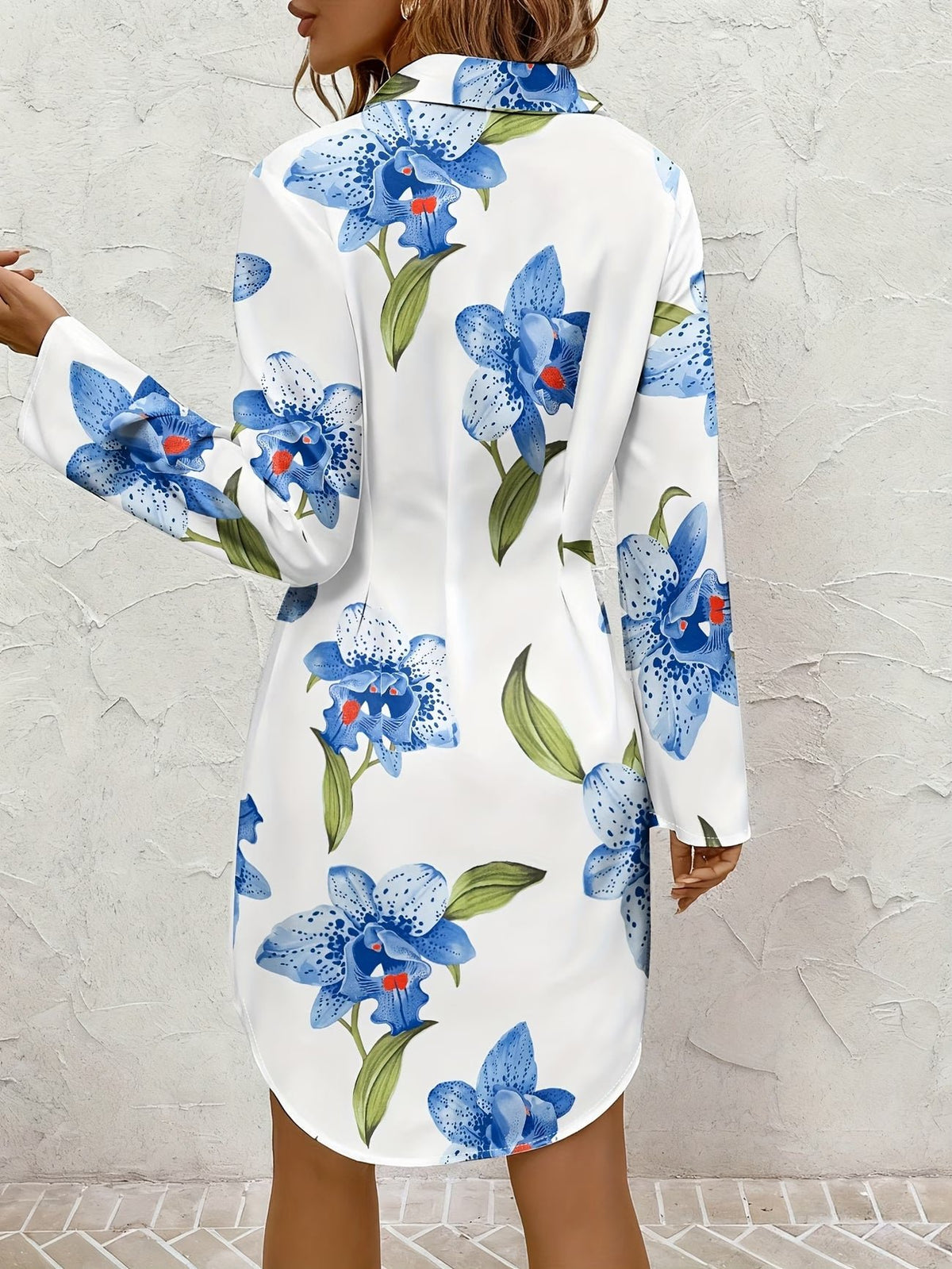Women's Floral Satin Long Sleeve Shirt Dress