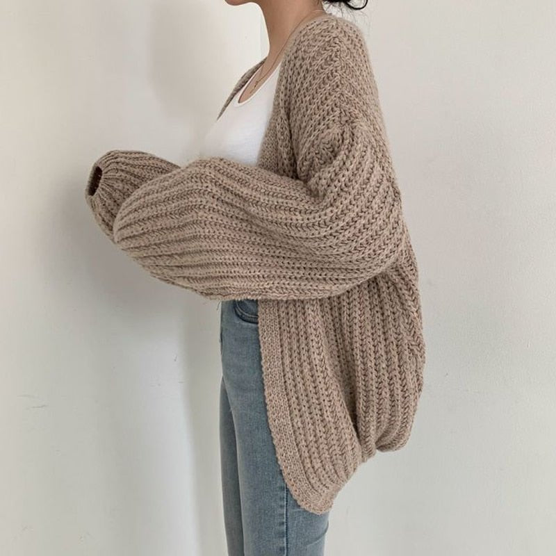 Women's Chunky Oversized Knit Ribbed Wool V-Neck Cardigan