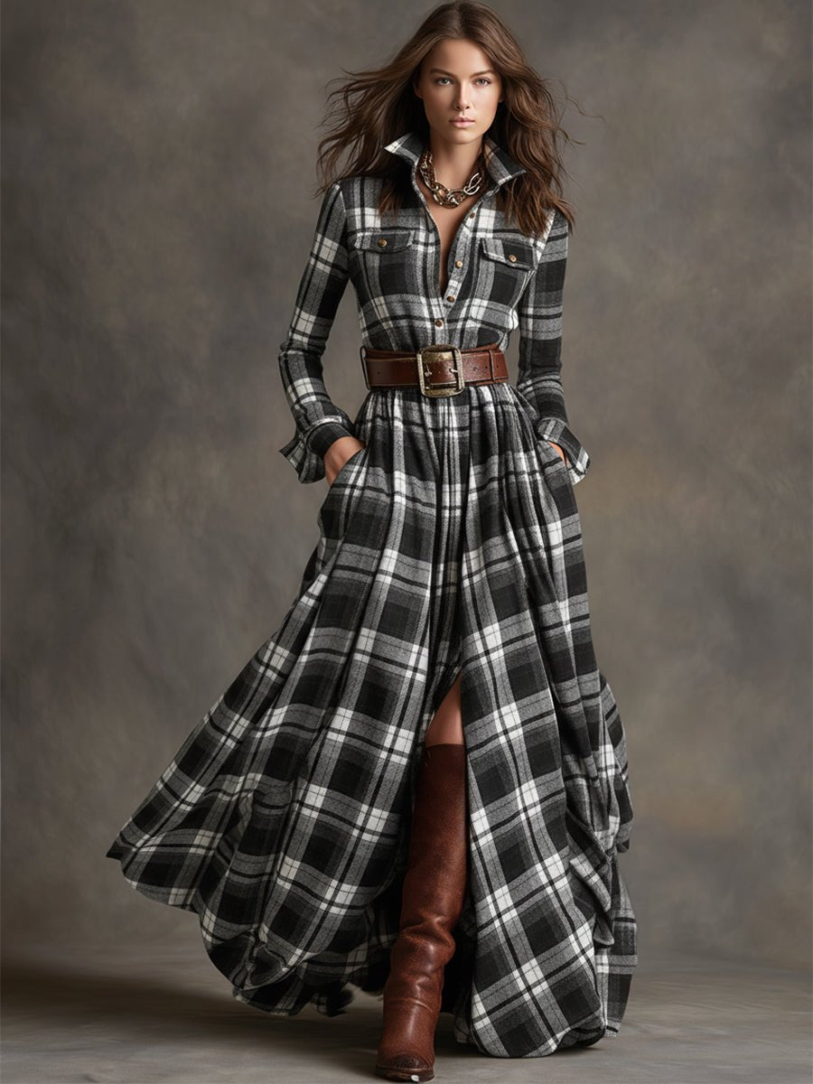 Women's Plaid Long Sleeve Maxi Shirt Dress