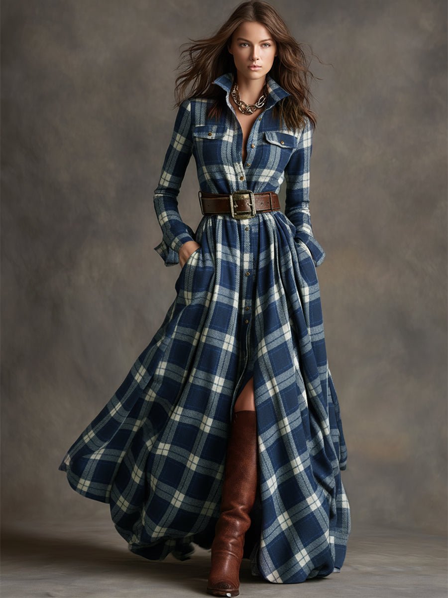 Women's Plaid Long Sleeve Maxi Shirt Dress