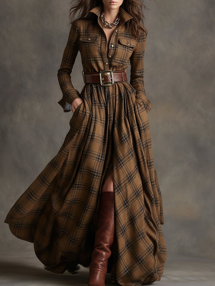 Women's Plaid Long Sleeve Maxi Shirt Dress - Brown