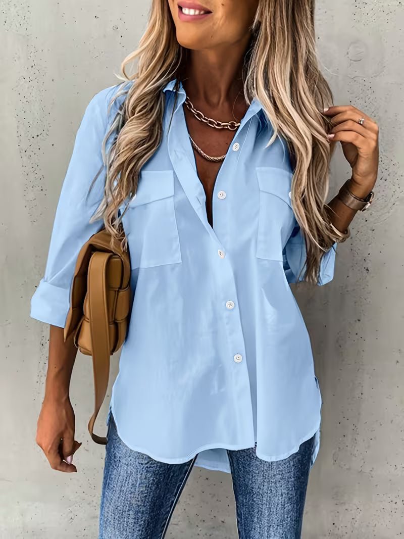 Women's Cotton Utility Long Sleeve Blouse - Light Blue