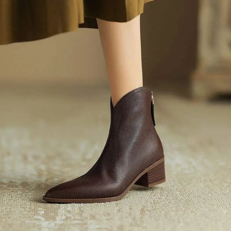Women's Leather Pointed-Toe Ankle Boots - Beige