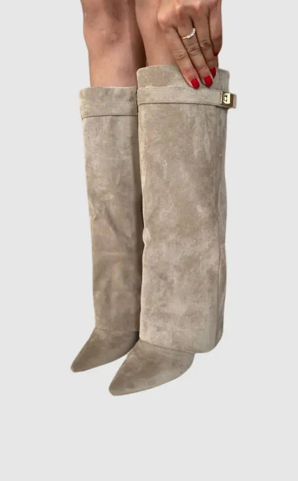 Women's Suede Knee-High Boots - Beige