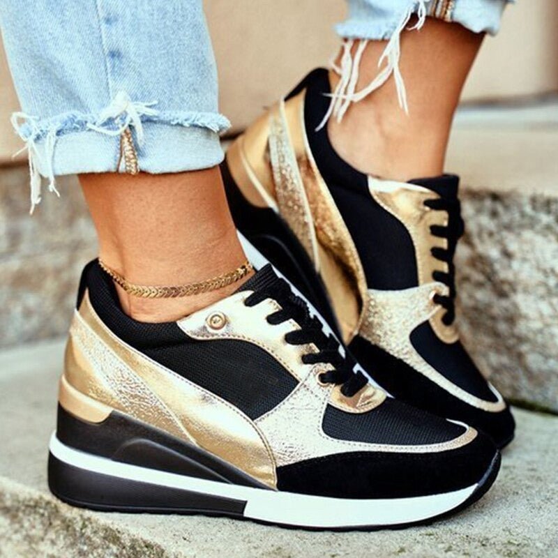 Women's Wedge Lace-Up Platform Trainers - Gold