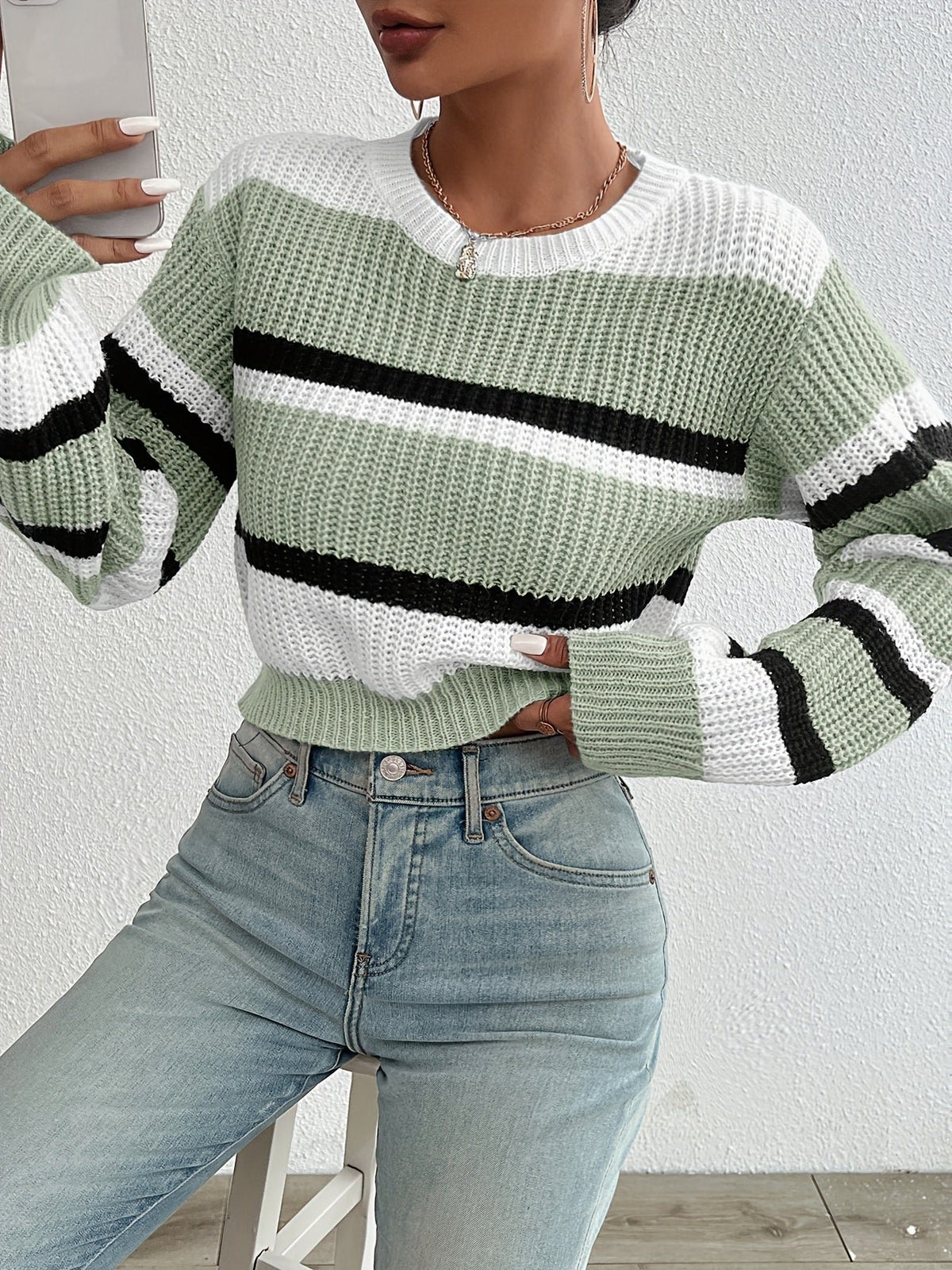 Women's Cropped Striped Ribbed Jumper