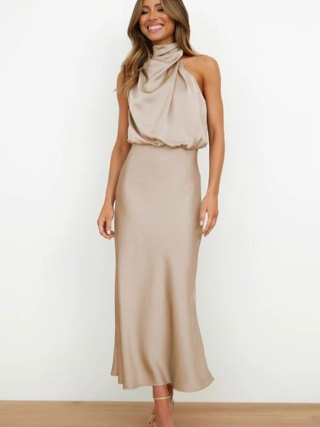 Women's Satin Halter Midi Party Dress - Beige
