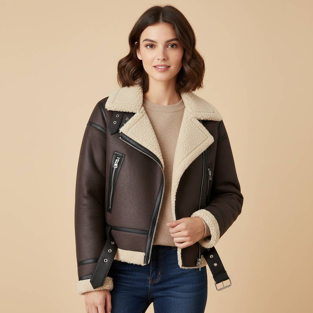 Women's Lined Moto Belted Shearling Leather Jacket