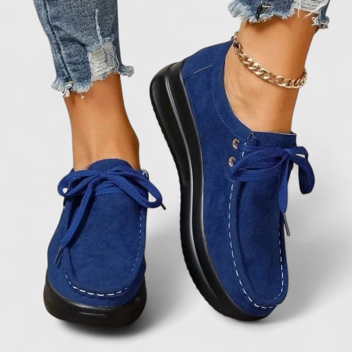 Women's Moccasin Suede Lace-Up Wedge Platform Trainers - Blue