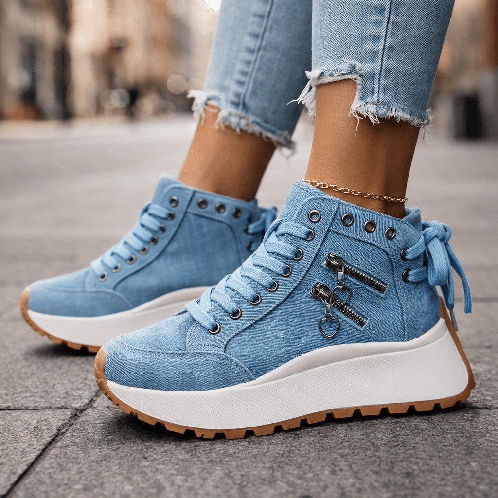 Women's Chunky Denim High-Top Platform Lace-Up Wedge Trainers