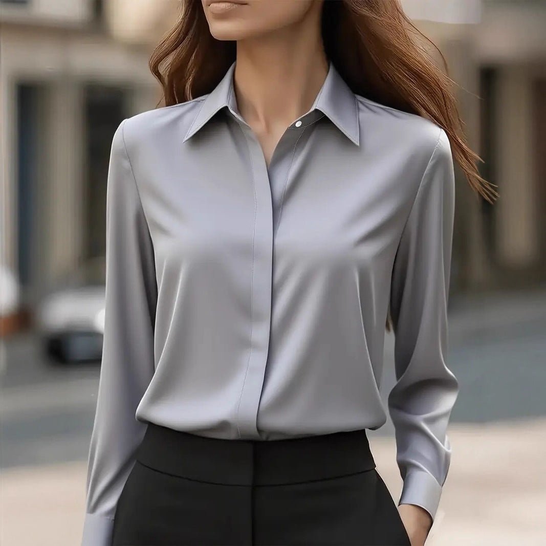 Women's Black Slim Satin Long Sleeve Blouse - Gray