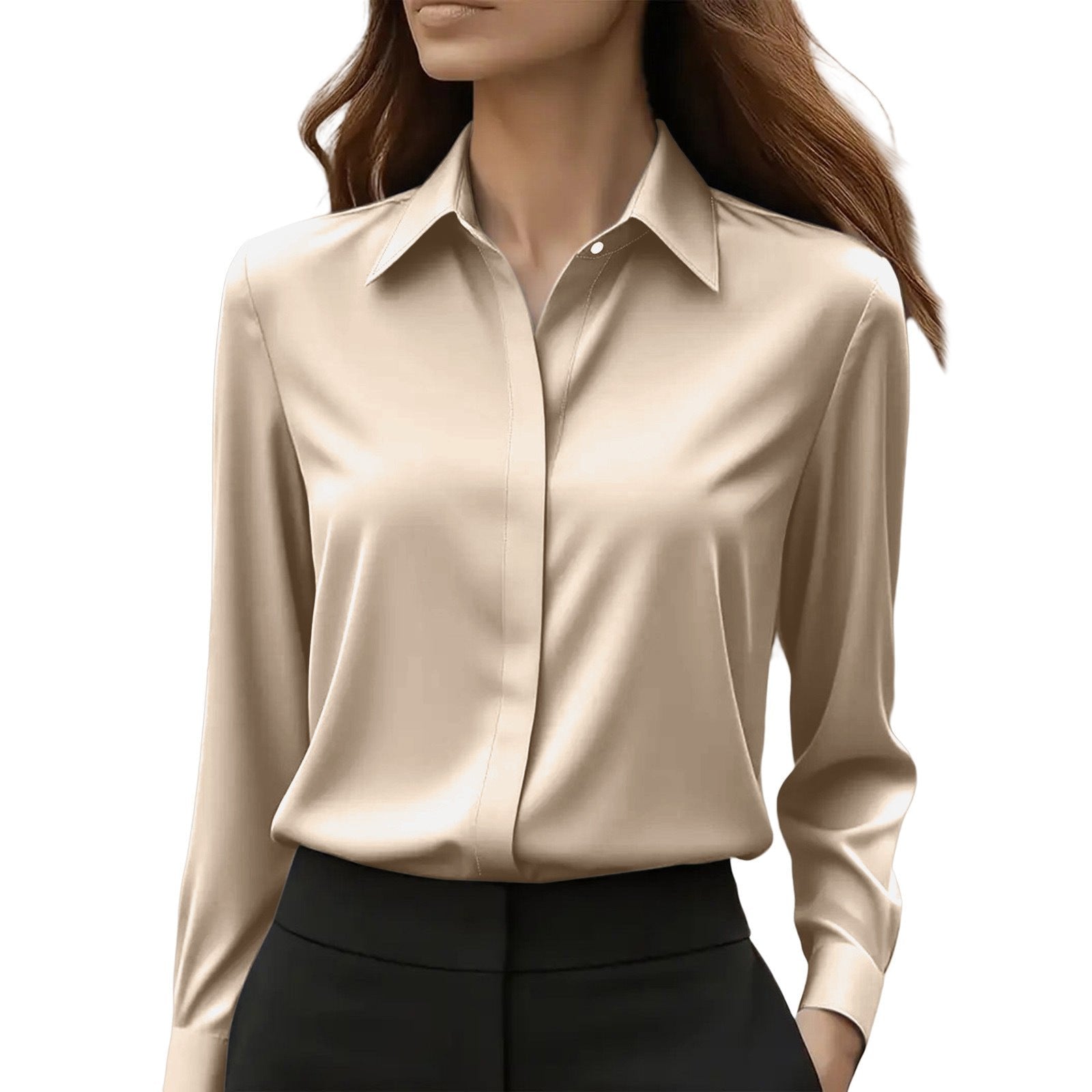Women's Black Slim Satin Long Sleeve Blouse - Khaki