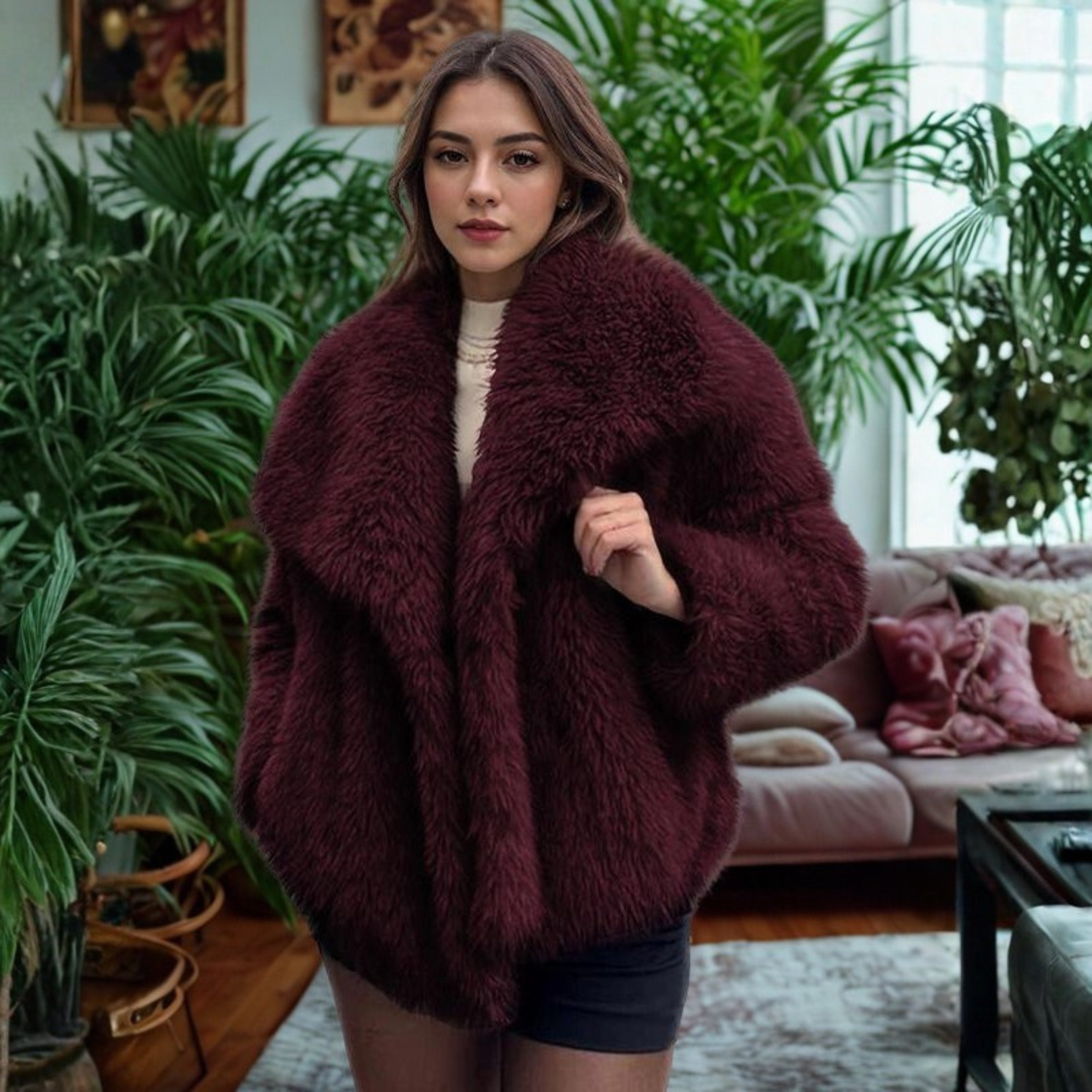 Women's Cropped Faux Fur Jacket - Burgundy