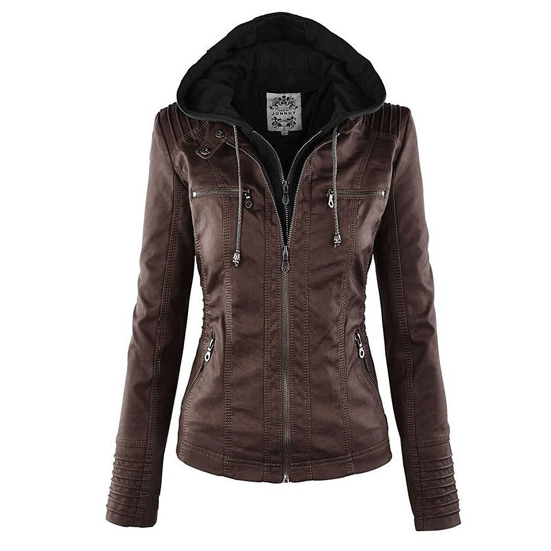 Women's Faux Leather Moto Hooded Jacket - Brown
