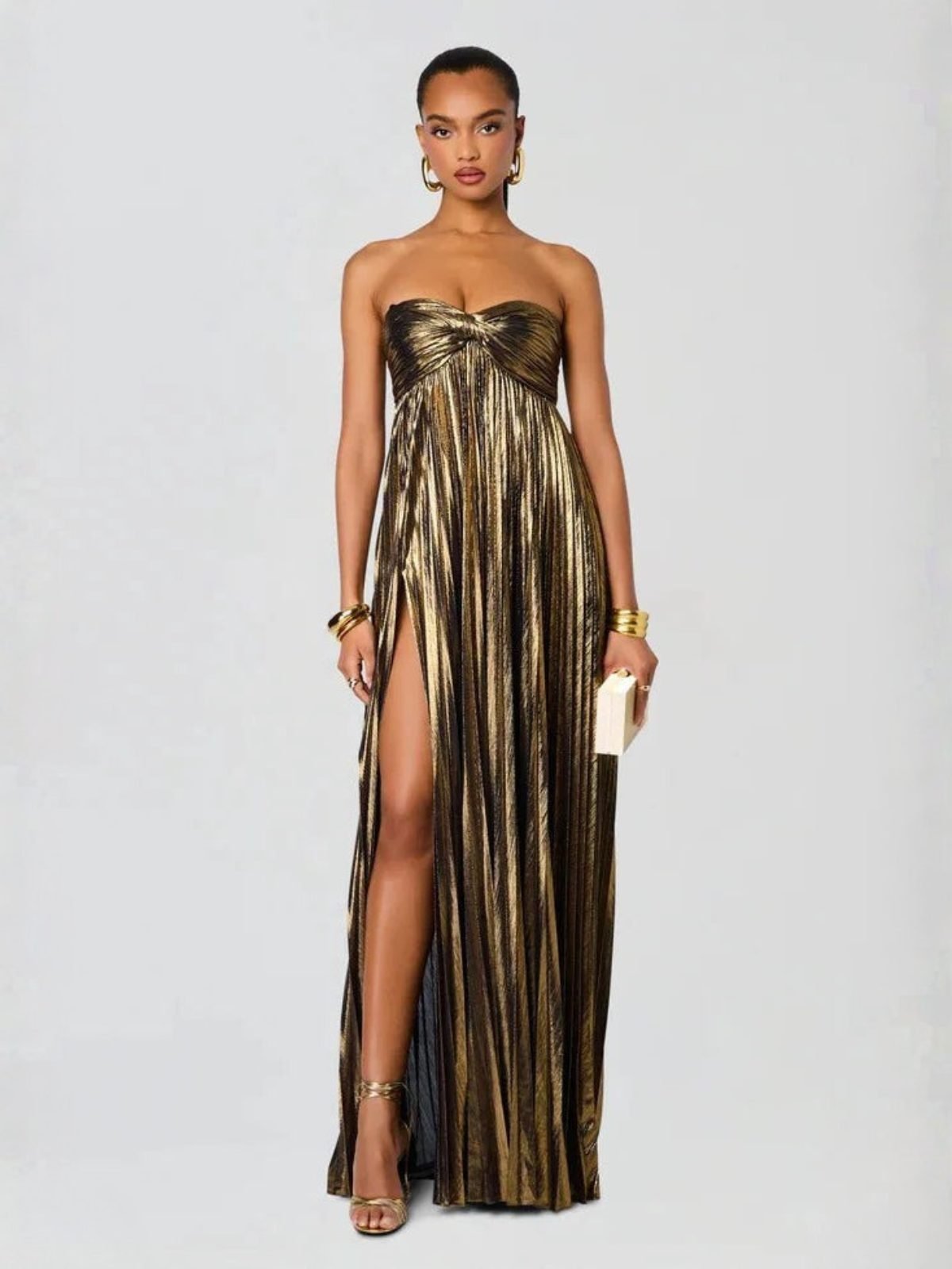 Women's Pleated Sequin Strapless Maxi Party Gown - Dark Brown