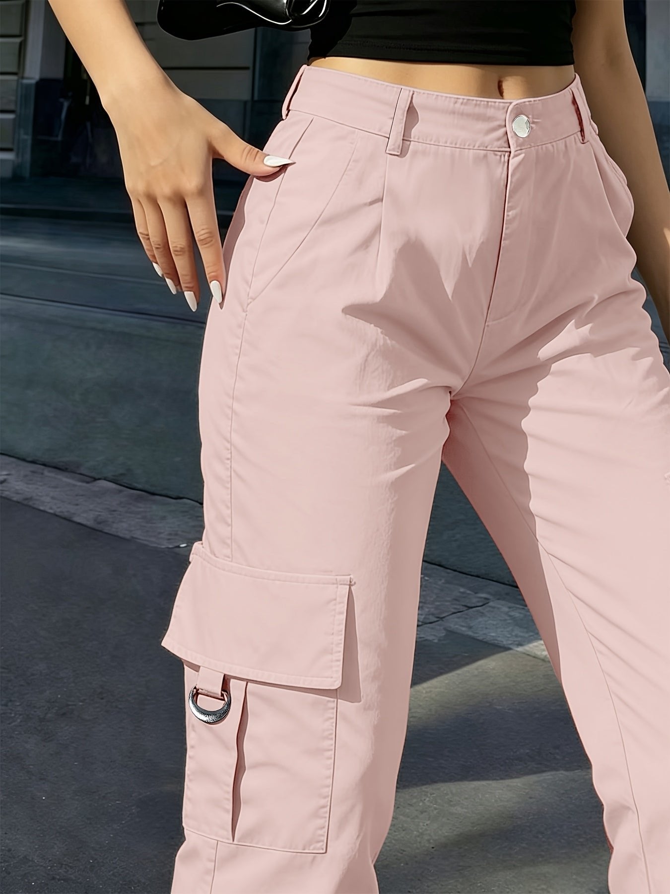 Women's Black High-Waisted Cargo Wide-Leg Trousers