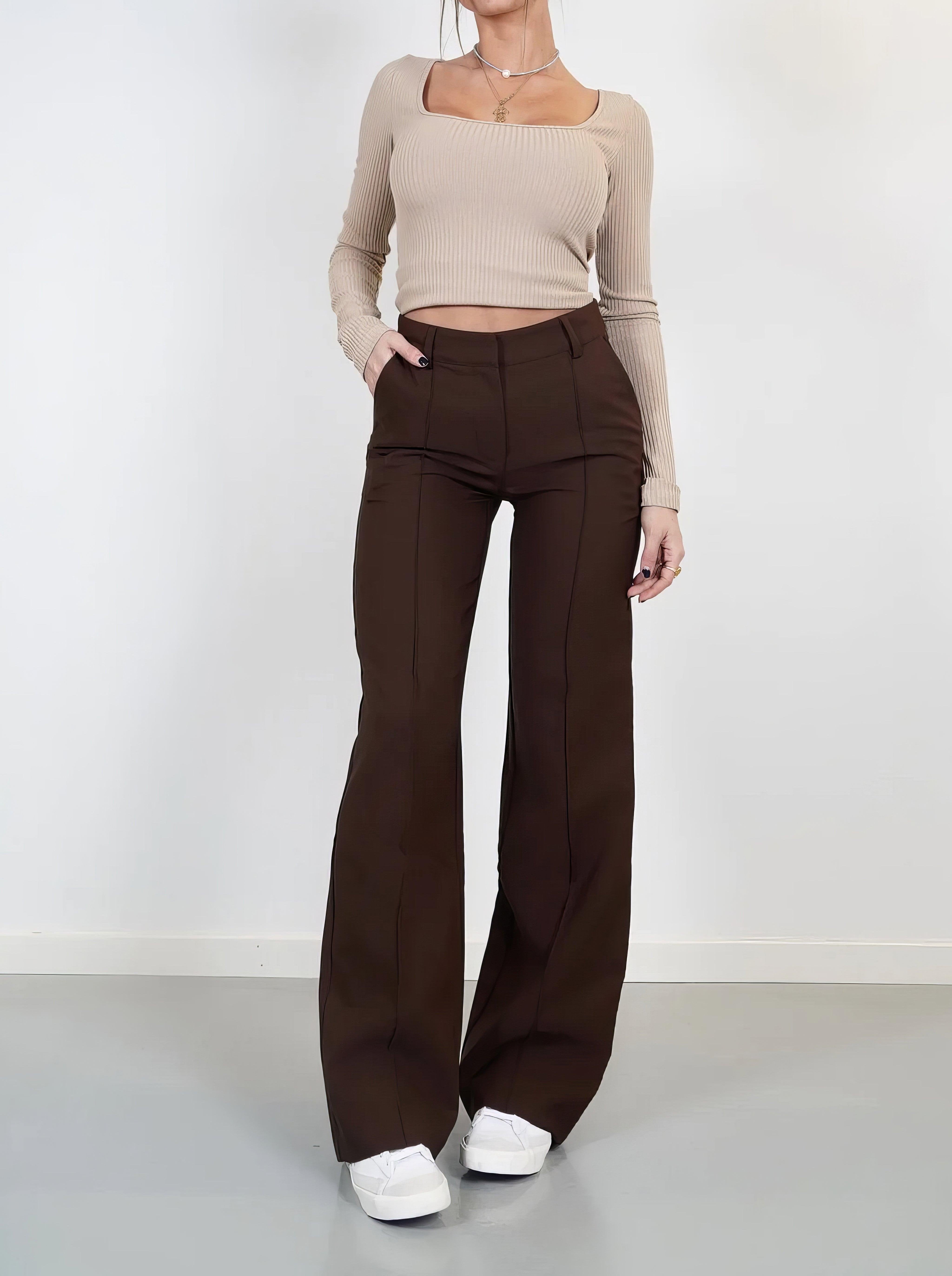 Women's Black High-Waisted Tailored Wide-Leg Trousers - Brown
