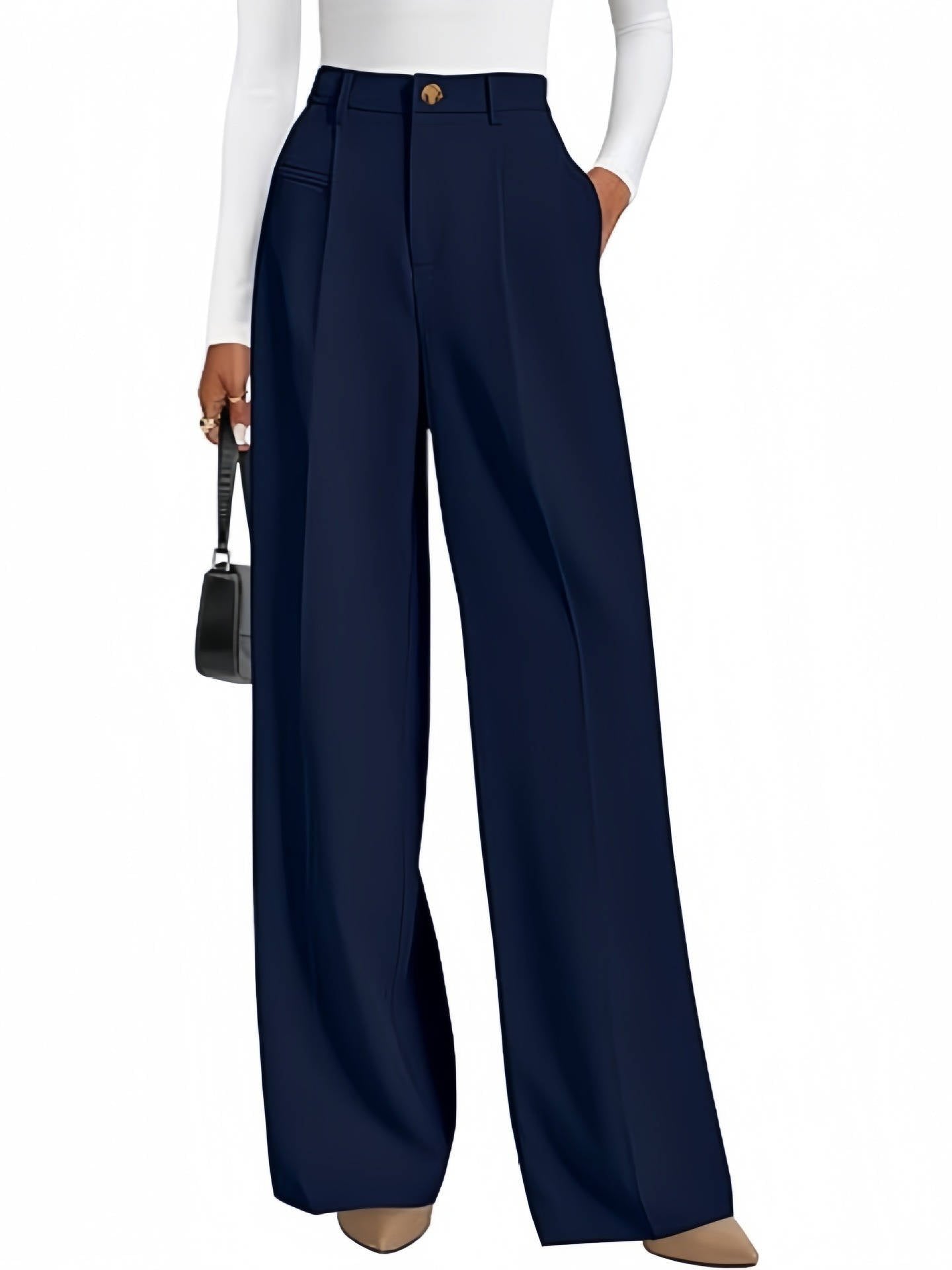 Women's High-Waisted Pleated Wide-Leg Trousers - Navy Blue