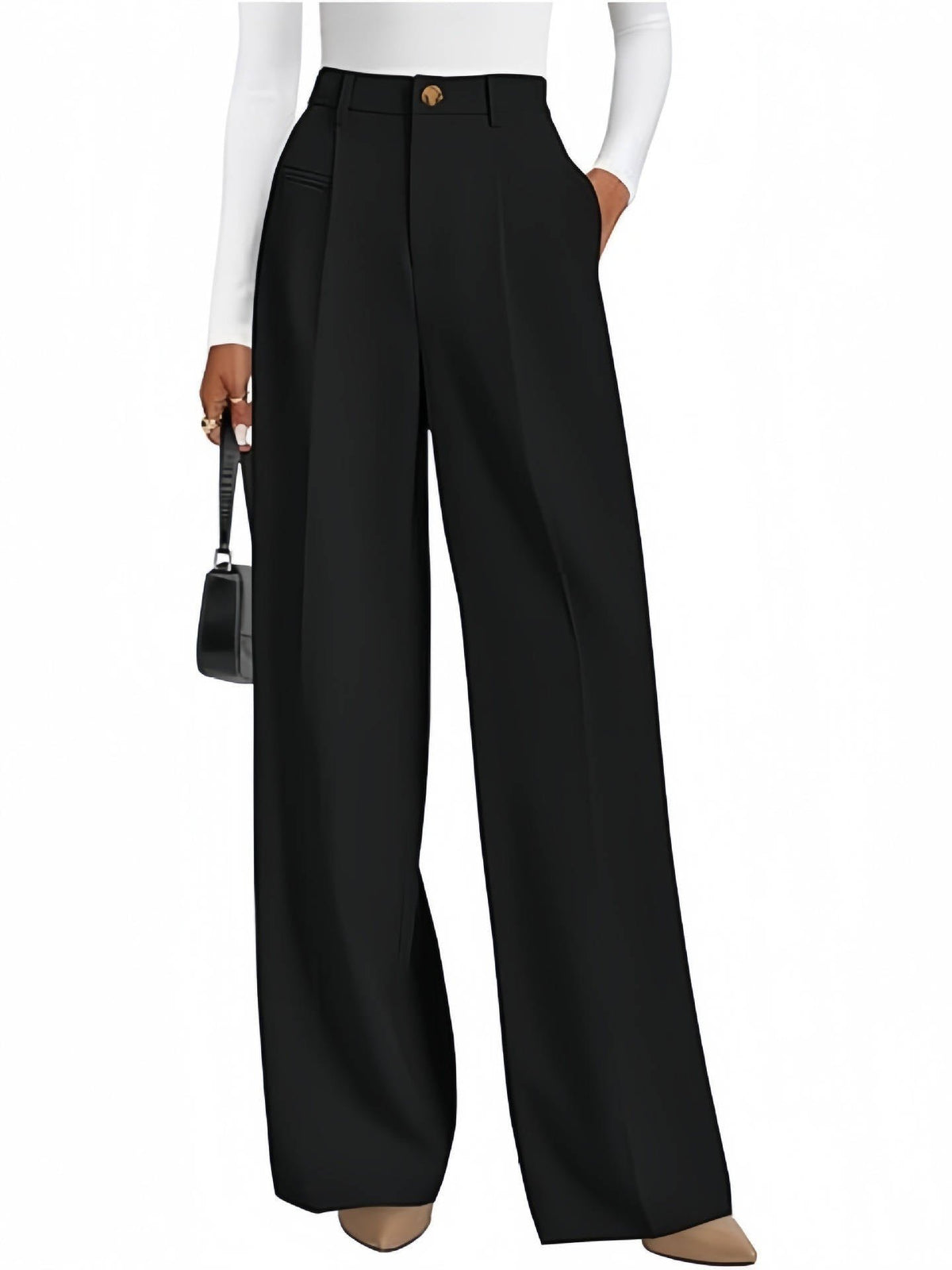 Women's High-Waisted Pleated Wide-Leg Trousers - Black