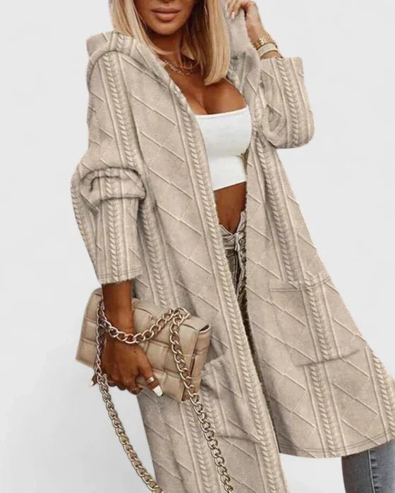 Women's Oversized Cardigan Cable Knit Longline Hooded Coat - Beige