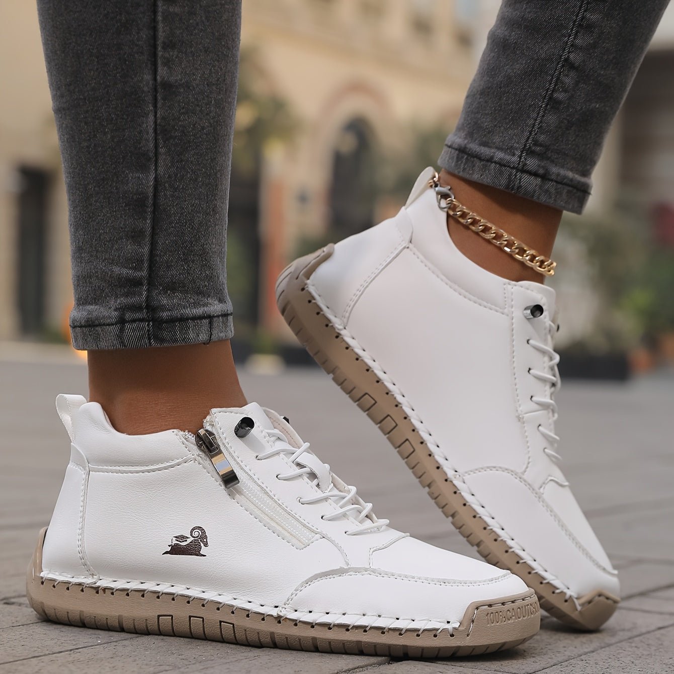 Women's Faux Leather Lace-Up Trainers - White