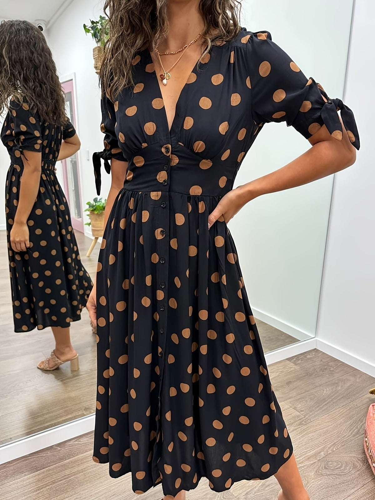 Women's Black Satin Midi Party Shirt Dress - Black