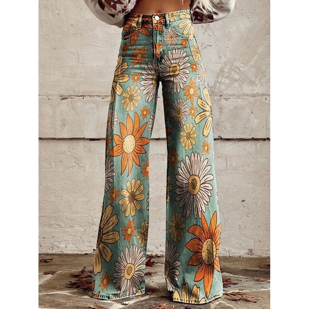 Women's Floral High-Waisted Wide-Leg Jeans - Blossom