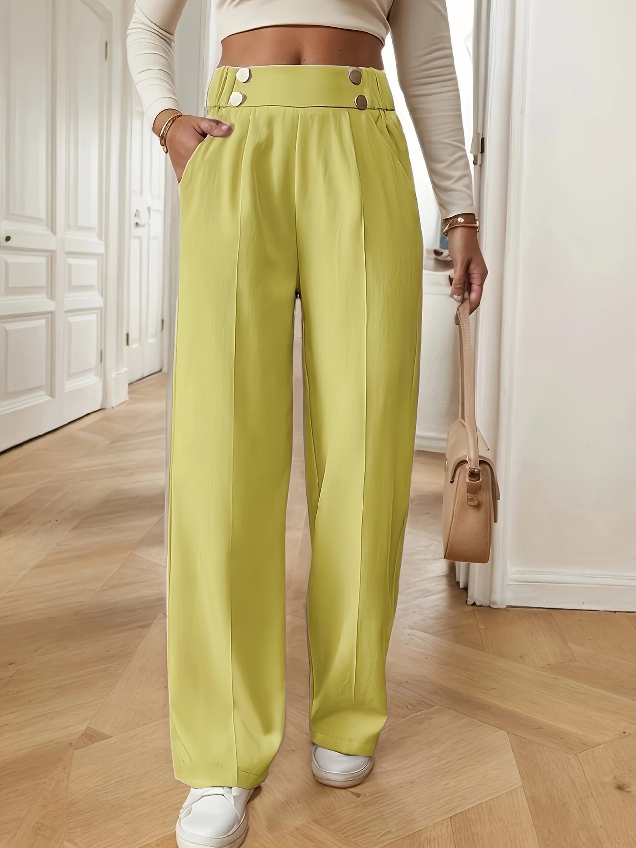 Women's Black Work High-Waisted Tailored Pleated Wide-Leg Trousers - Yellow